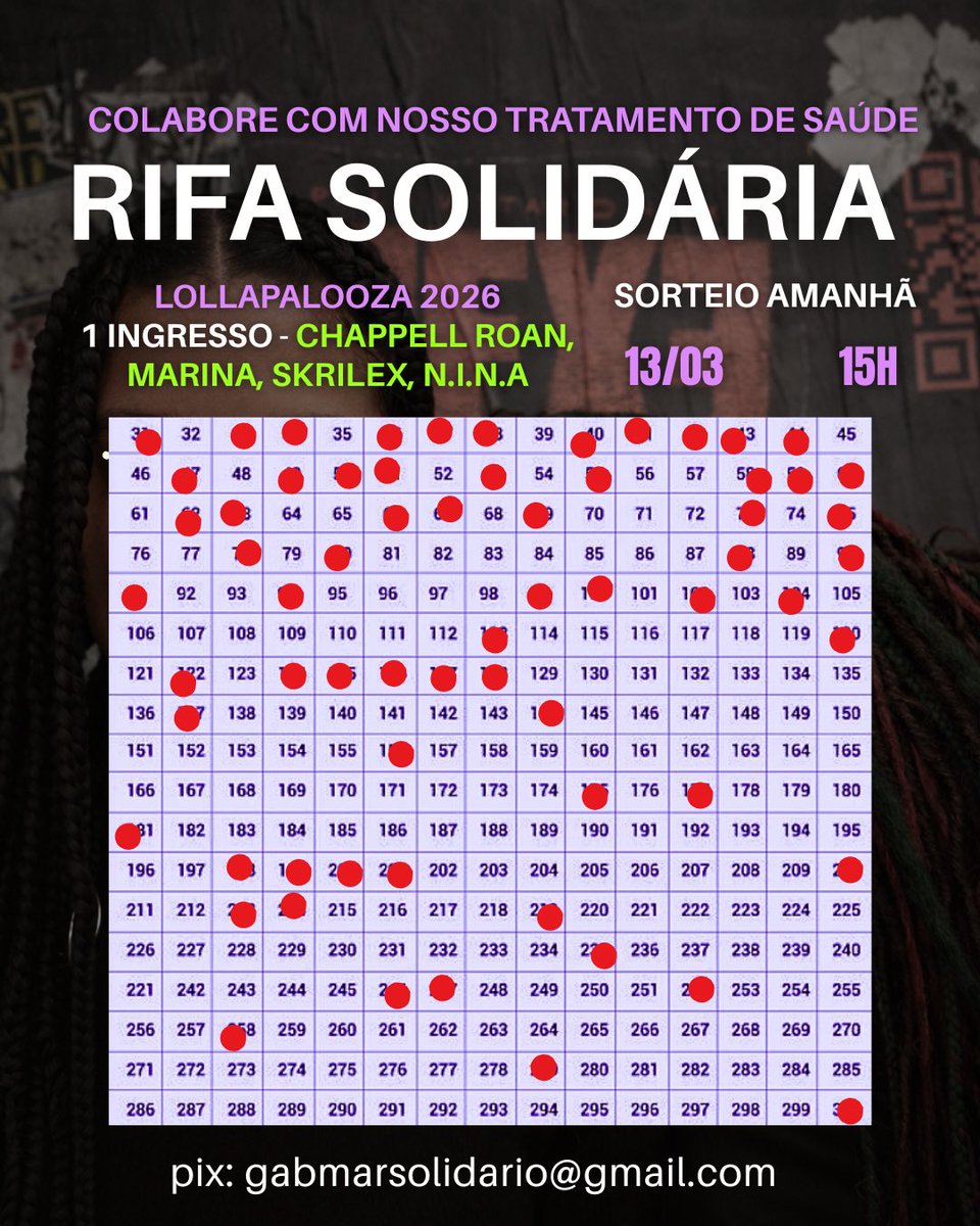 Oi! Estou com tuberculose e minha esposa com a saúde em estado grave.

Estamos rifando 1 INGRESSO DO LOLLAPALOOZA (Chappell Roan, Marina, NINA, Skrilex) para arcar com os gastos médicos! 

Neste ultimo dia, cada número esta saindo por R$10 ❤️‍🩹

e toda contribuição é bem vinda!