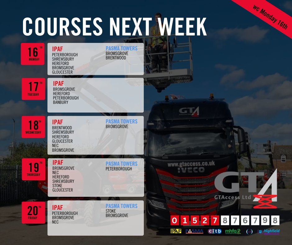 GTAccessLtd's tweet photo. 🚨Next Week’s IPAF &amp; PASMA Training – Limited Spaces🚨

☎️ 0️⃣1️⃣5️⃣2️⃣7️⃣ 8️⃣7️⃣6️⃣7️⃣9️⃣8️⃣
🖥️ https://t.co/fWuPxc2wPZ
📨training@gtaccess.co.uk

#IPAFTraining #PASMATraining #SafetyTraining #ConstructionUK #AccessPlatforms #WorkAtHeight https://t.co/FdA4KJM0B5