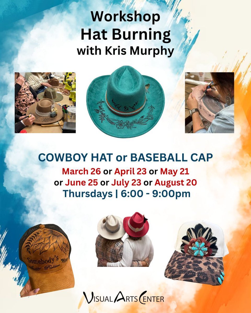 VisualArtsPG's tweet photo. HAT BURNING WORKSHOPS with Kris Murphy!
Sign Up for Cowboy Hat:  https://t.co/50iFlHKTFC 
Sign Up for Baseball Cap: https://t.co/aapRl0bnTr 
Design your own one-of-a-kind hat while enjoying a fun, laid-back evening! 

VAC, 210 Maud Street, Punta Gorda, FL https://t.co/6twlzYNewT