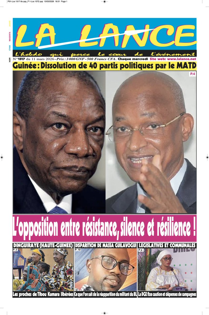 DiawoLabboyah's tweet photo. Entre l'appel à la résistance de @Cellou_UFDG (Cellou Dalein Diallo) et le silence des autres leaders politiques, l'opposition guinéenne réagit différemment à l'annonce de sa dissolution par le pouvoir de #Doumbouya.
Décryptage dans La #Lance en kiosque.
https://t.co/helIGKm3W2 https://t.co/vHpGewDTnn