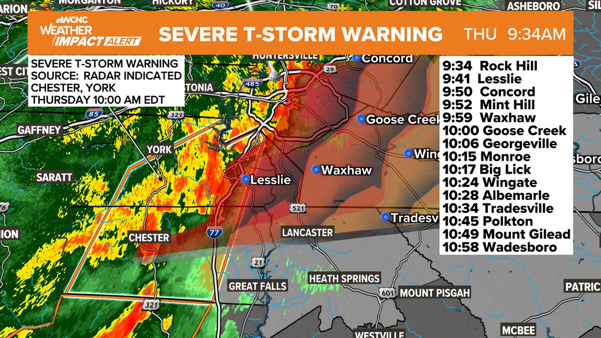 WeatherBrittany's tweet image. Not seeing much, if any, rotation in these storms but they're packing a punch with heavy rain, winds 40-50 mph.

ETA for #Waxhaw #Monroe between 10 - 10:15 a.m. @wcnc