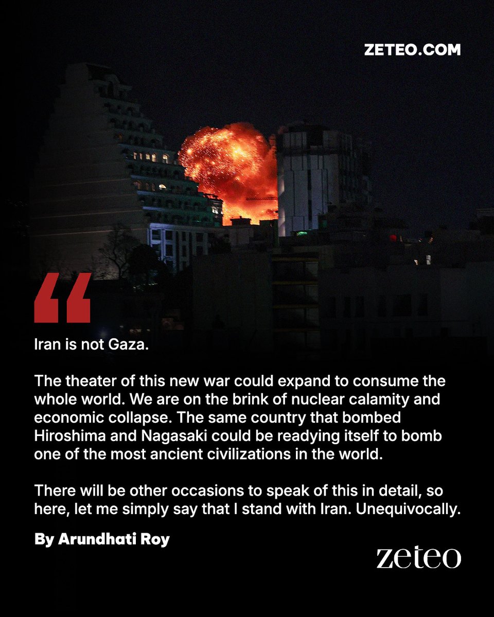 zeteo_news's tweet photo. “It’s the same old genocidaires using the same old playbook. Murdering… Bombing… And then playing the victim.”

Novelist Arundhati Roy explains how the world is on the brink of collapse as the US &amp; Israel wage war on Iran, noting the cowardice of the Indian government. https://t.co/gBgsrQ5zG2