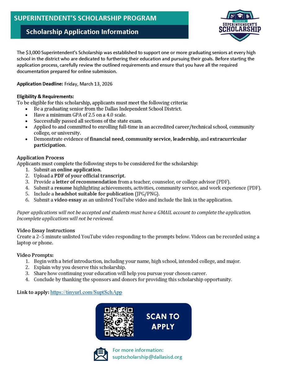 Dallas ISD seniors ⏰ The deadline for the Superintendent’s Scholarship is Friday, Mar. 13.

Scan the QR code or click the to apply. tinyurl.com/SuptSchApp