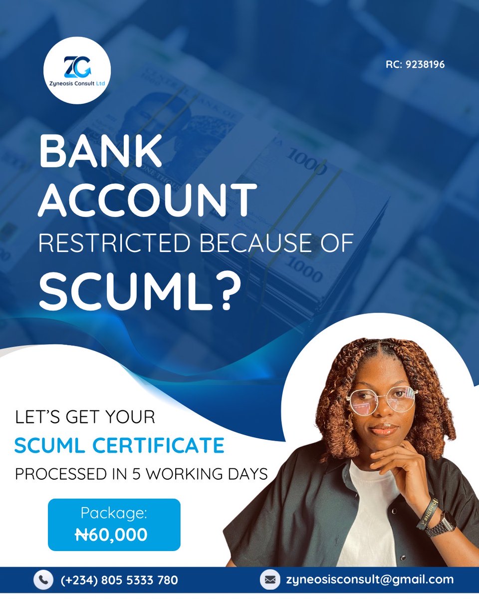 ZyneosisConsult's tweet photo. Is your bank account restricted because of SCUML? Don't let it stall your business any further.

We're getting it sorted for you in just 5 working days. 🗓️

📞 Call or WhatsApp: (+234) 805 5333 780
📧 zyneosisconsult@gmail.com
💬 Or simply send us a DM

Let's get this done! https://t.co/dYpM2WV5U6