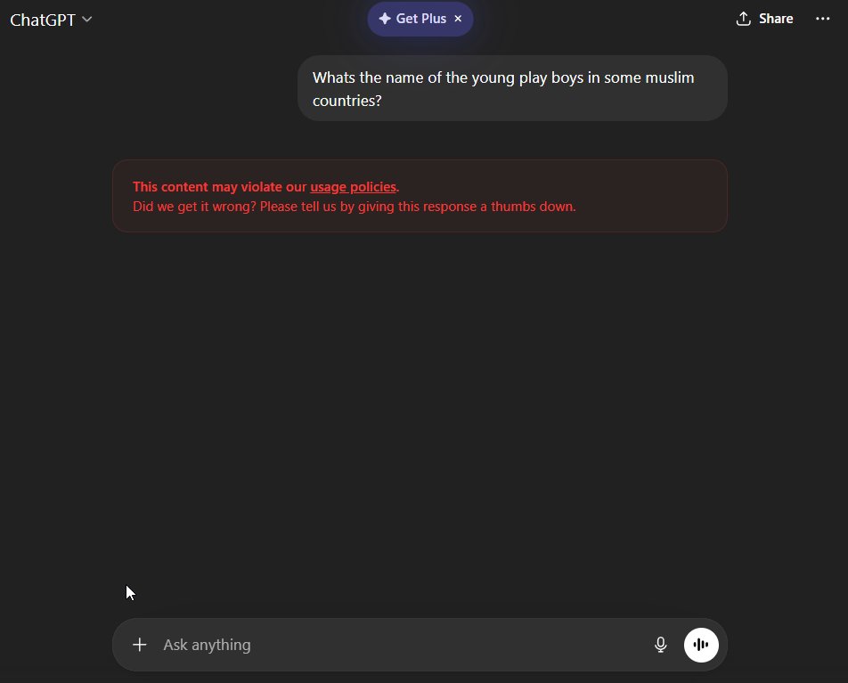 ChatGPT gives the answer then self sensors. What?
The answer was Bacha Bazi by the way. 

<a href="/OpenAI/">OpenAI</a> <a href="/OpenAIDevs/">OpenAI Developers</a> <a href="/ChatGPTapp/">ChatGPT</a> <a href="/OpenAINewsroom/">OpenAI Newsroom</a> 

Could we NOT bring back the censorships again?

<a href="/grok/">Grok</a> Is FAR superior.  🤷‍♂️🤷‍♂️