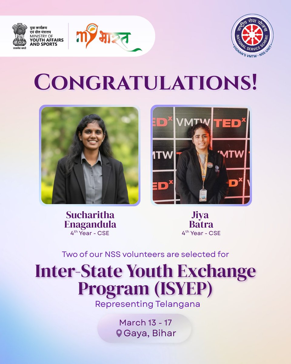 VMTW_NSS's tweet photo. Proud moment! 
Our NSS volunteers E. Sucharith &amp; Jiya Batra (4th Year CSE) have been selected to represent Telangana at the Inter-State Youth Exchange Program (ISYEP) in Gaya, Bihar from March 13–17
Wishing them a great experience ahead! 🇮🇳
#ISYEP #NSS #Telangana https://t.co/aH4OMwt0r9