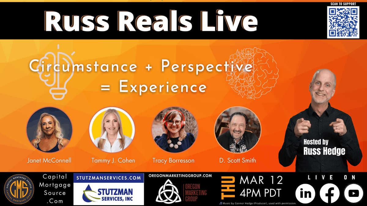 russhedge's tweet image. #RussReals Live: #Circumstance + #Perspective = Experience
📅Thursday, March 12
⏰4pm Pacific
🎙With Janet McConnell, Tammy J Cohen, Tracy Borreson, &amp;amp; D. Scott Smith

Watch here:
linkedin.com/events/7436094…
facebook.com/events/1432369…
youtube.com/watch?v=n9ea5g…

#Perspective #PersonalGrowth