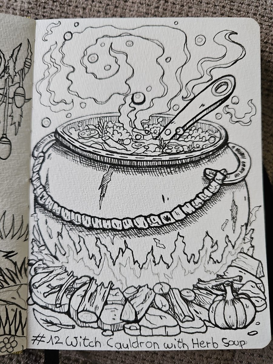 FireCave_Art's tweet image. 🧙‍♀️🥣 Day 12 – Witch Cauldron with Herb Soup 🥣🧙‍♀️

A witch’s cauldron simmering with herb soup above a small fire, filled with mushrooms and magical forest ingredients.

#FireCaveArchive #fantasy #witch #magic #soup #alchemy #sketchbook #acrylmarker #魔法  #魔女