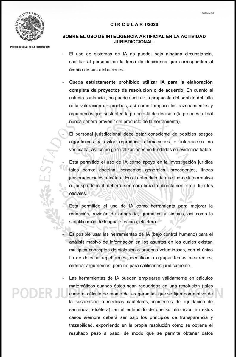 HugoRPL's tweet photo. El uso de #IA en la actividad jurisdiccional representa riesgos y retos importantes. Ante la ausencia de regulación especial, emití la circular interna 1/2026 para fomentar en el personal el uso ético y responsable de estas herramientas. Ojalá sirva para el debate. https://t.co/KQinj8kmHC
