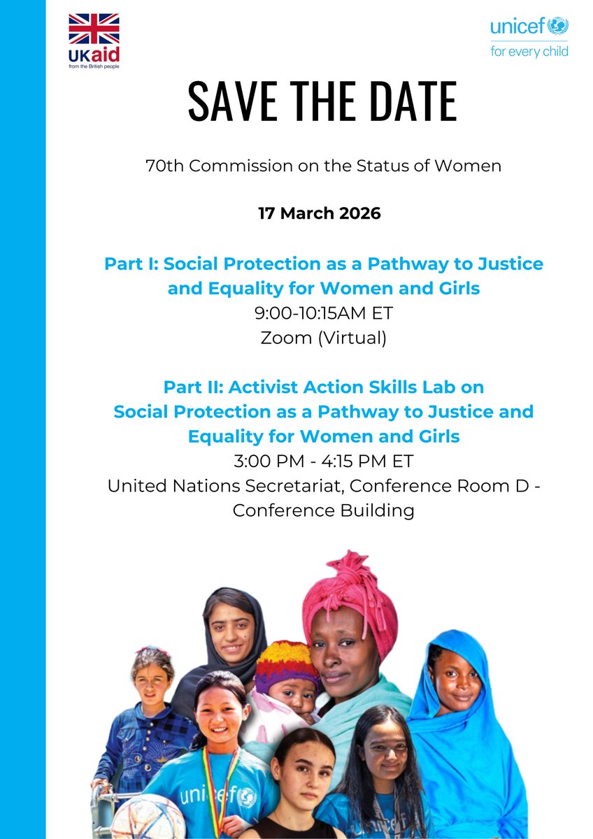 UNICEFSocPolicy's tweet photo. Empowering women and girls starts with systems that work for them.

On 17 March, join @UNICEF and @FCDOGovUK at #CSW70 for our side event on Social Protection as a Pathway to Justice and Equality.

Register: https://t.co/zBu0KSfxGM https://t.co/ZfhCITLP6M