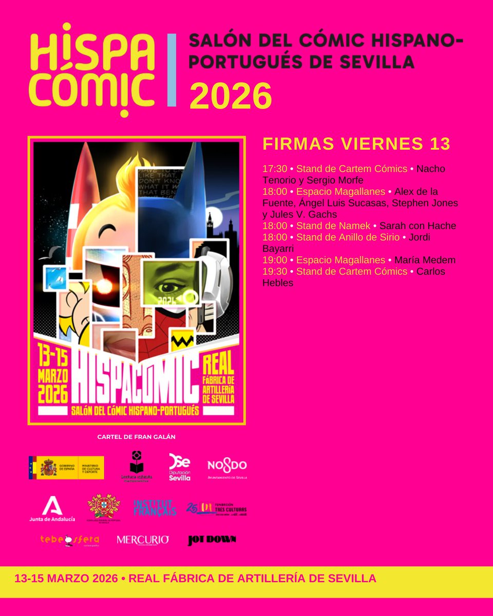 AQUÍ TENÉIS LOS HORARIOS DE FIRMAS ACTUALIZADOS. Nos vemos en unas horitas en #Hispacómic2026. ¿Estáis nerviosas/os? Nosotros SÍ.  

Vamos primero con las firmas de mañana viernes 13 (fecha más apropiada no podía ser):