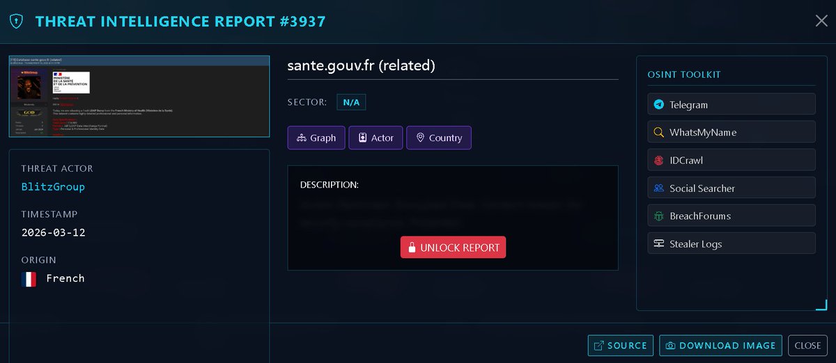 VECERTRadar's tweet photo. 🚨 THREAT INTEL ALERT: FRENCH MINISTRY OF HEALTH DATA LEAK 🚨
 
🏢 Victim: Ministère de la Santé (https://t.co/Wm3VhmsxuD) 
👤Threat Actor: BlitzGroup
🗓️ Date: 2026-03-12 
🇫🇷 Country: France

The threat actor "BlitzGroup" has released a fresh LDAP Dump allegedly from the French Ministry of Health (Ministère de la Santé). The dataset contains 174,989 lines of highly detailed professional and personal identity data. The format is .ldif (LDAP Data Interchange Format), which typically includes organizational structures, employee roles, contact details, and system credentials.

Monitor:

https://t.co/wk9bZJ2Nli

#ThreatIntel #DataBreach #CyberSecurity #France #SanteGouv #InfoSec #CyberAlert #LDAP #GovSec