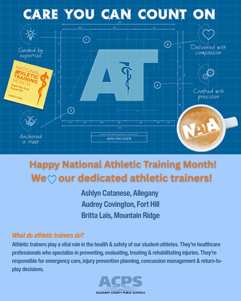 acpsmd's tweet photo. Happy National Athletic Training Month! We're grateful for our athletic trainers: Ashlyn Catanese (Allegany), Audrey Covington (Fort Hill) &amp; Britta Lais (Mountain Ridge). Our athletic trainers play a vital role in the health &amp; safety of our student-athletes. https://t.co/fmpUzkAJpf
