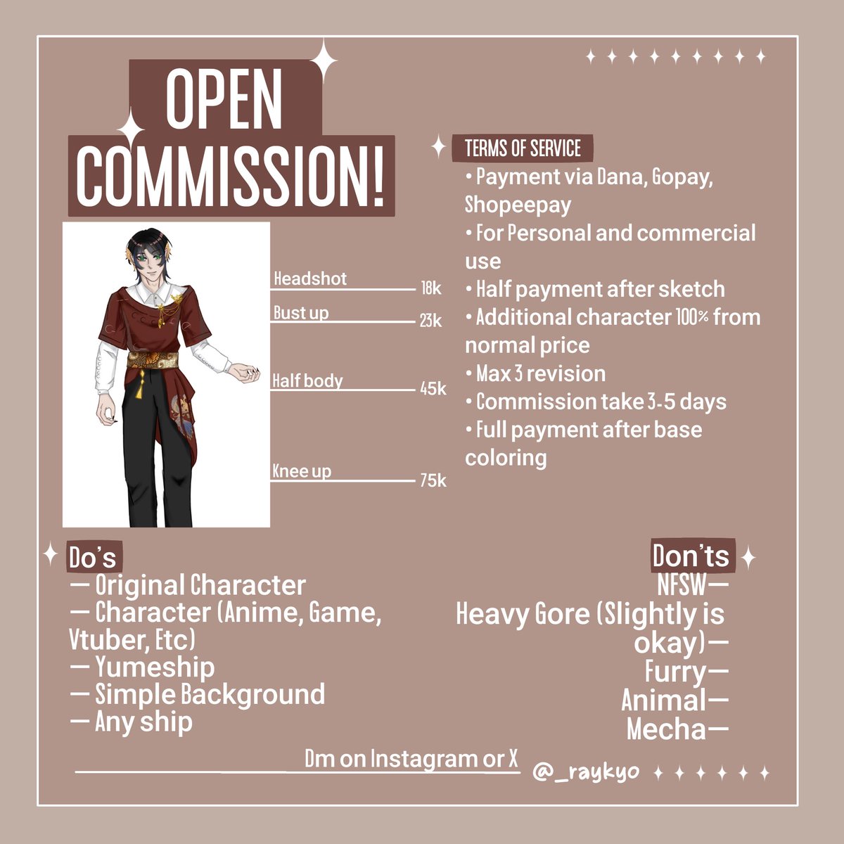 _raykyo's tweet photo. — OPEN COMMISSION 🌻 
Rt and like are highly appreciated 

Hai hai, ray disini, it's my first time doing commission, yuk yuk bisa order and feel free to ask! 

Dm untuk order atau tanya lebih lanjut! 

#CommissionsArt #commissionwork #opencommission #Digitalartist #zonajajan https://t.co/jTcyG6ROUn