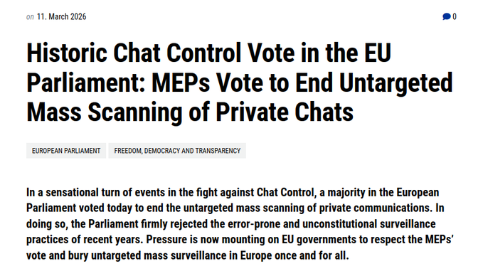 GEWELDIGE OVERWINNING! 😃
Dankzij jullie protest heeft EU Parlement vandaag gestemd om ongerichte ChatControl massasurveillance te stoppen! 💪

LET OP: Definitieve beslissing wordt nu genomen in de triloog met de lidstaten patrick-breyer.de/en/historic-ch…
We blijven alert! #ChatControl👁️