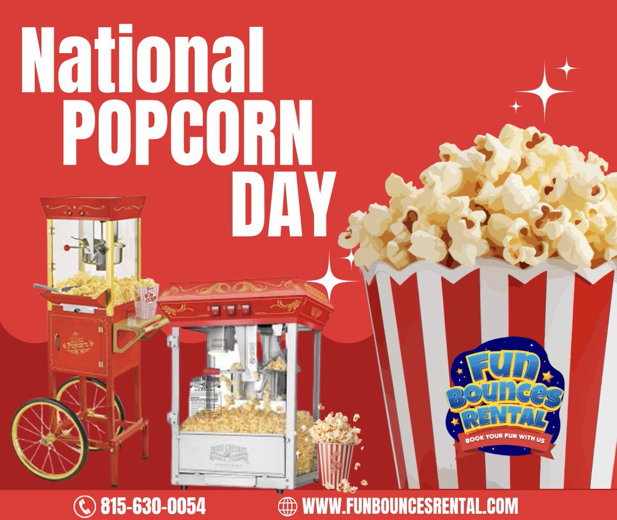 🍿 Happy National Popcorn Day! 🍿🎉

What a perfect day to celebrate with Fun Bounces Rental! Did you know we also offer fun concession machines for your events?

Enjoy delicious treats like:
🍿 Popcorn
🍭 Cotton Candy
❄️ Snow Cones

🌏 funbouncesrental.com