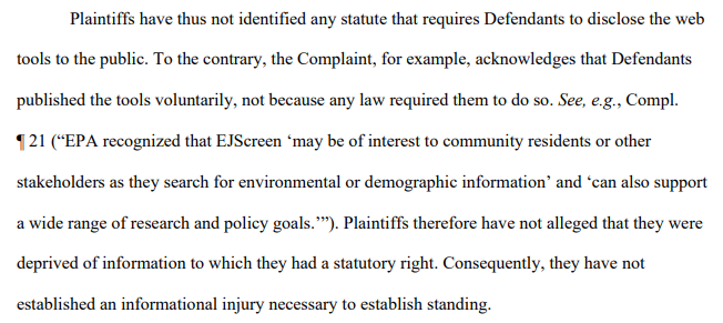 A federal court has dismissed a lawsuit challenging the Trump EPA's removal of its "EJScreen" tool that mapped polution burdens ,storage.courtlistener.com/recap/gov.usco…