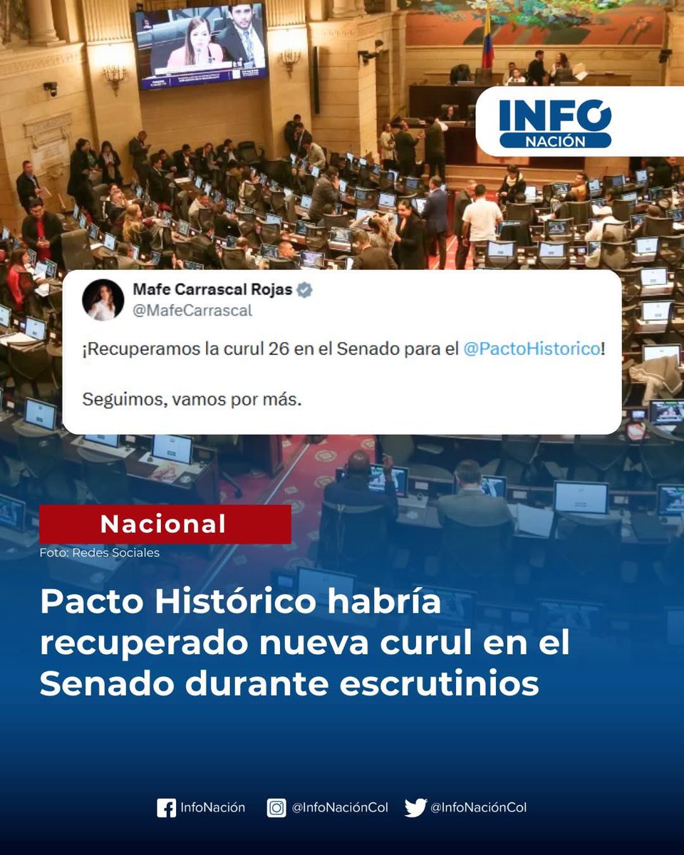 #InfoNación Pacto Histórico habría recuperado nueva curul en el Senado durante escrutinios.

En medio de la revisión oficial de actas electorales tras las elecciones del 8 de marzo, el movimiento político logró sumar un escaño adicional en el Senado.
Desde el partido aseguran que