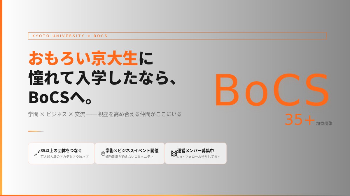 BoCSkyodai's tweet photo. おもろい京大生に憧れて入学したなら、BoCSへ✨
学問×ビジネスで視座を高め合える仲間、ここにいます。
まずはフォローして情報を受け取ろう！
#春から京大 #春から京大生 https://t.co/1qvURXILTl