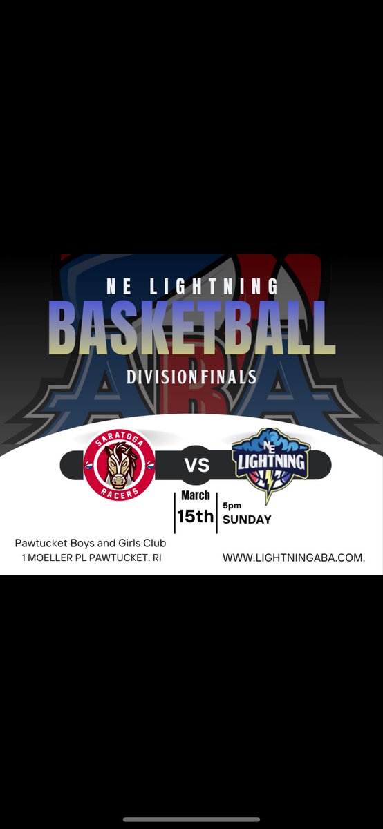 lightning_aba's tweet photo. The Lightning are back on the court this Sunday in Pawtucket at 5pm. We are playing the Saratoga Racers for the Division Championship. Come out to support your local ABA team. Tickets are available by visiting our website. https://t.co/Ha6pwPjHF9 https://t.co/vhNf1GBL1F