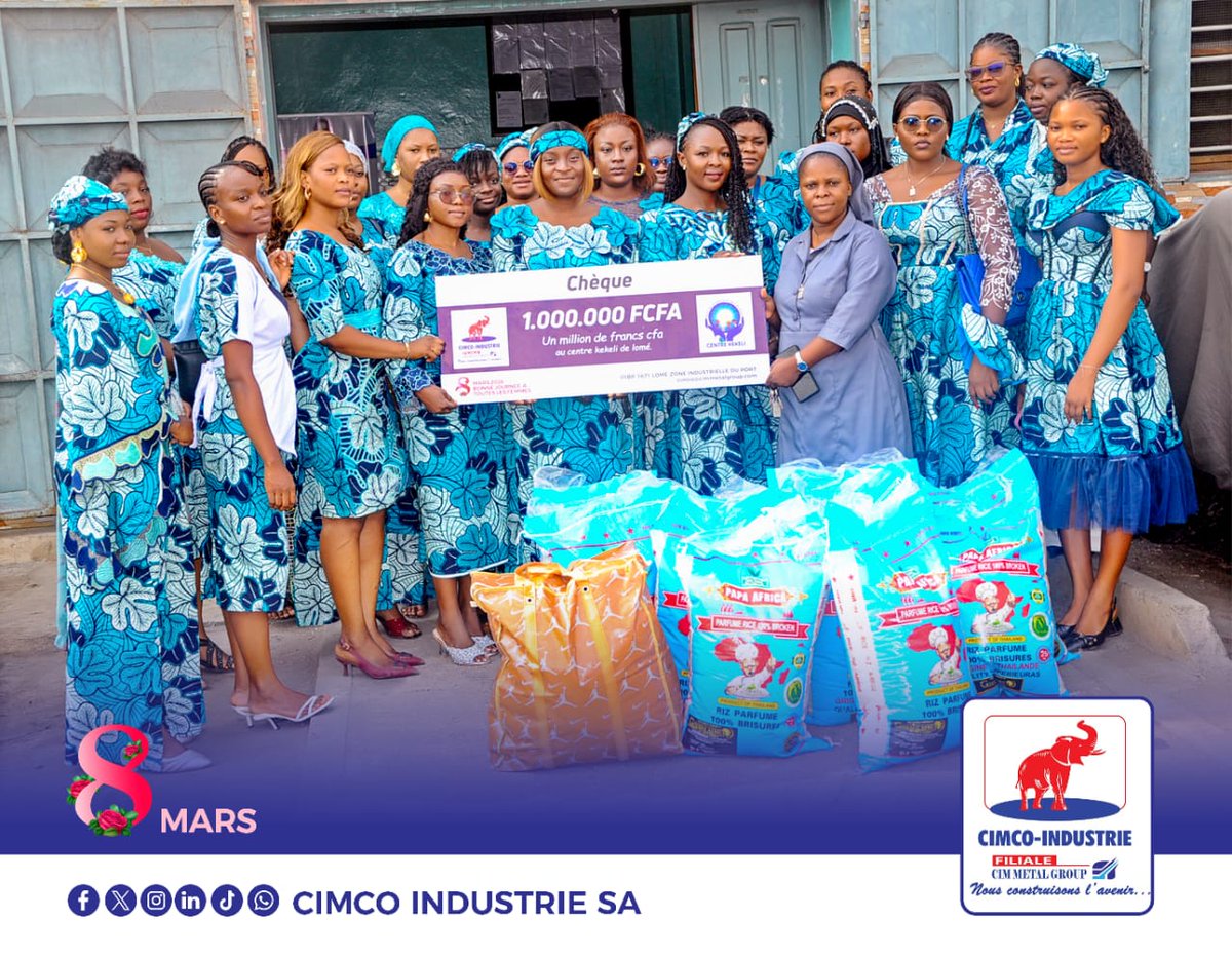 Cimcoindustrie's tweet photo. A l’occasion de la journée internationale de promotion des femmes, ce 8 mars 2026, les femmes de Cimco industrie offrent la somme de 1 million de FCFA et des vivres au centre  KEKELI qui prend en charge les filles abusées ou maltraitées. Ce geste traduit l’engagement ... https://t.co/7Ju6ME6Q7y