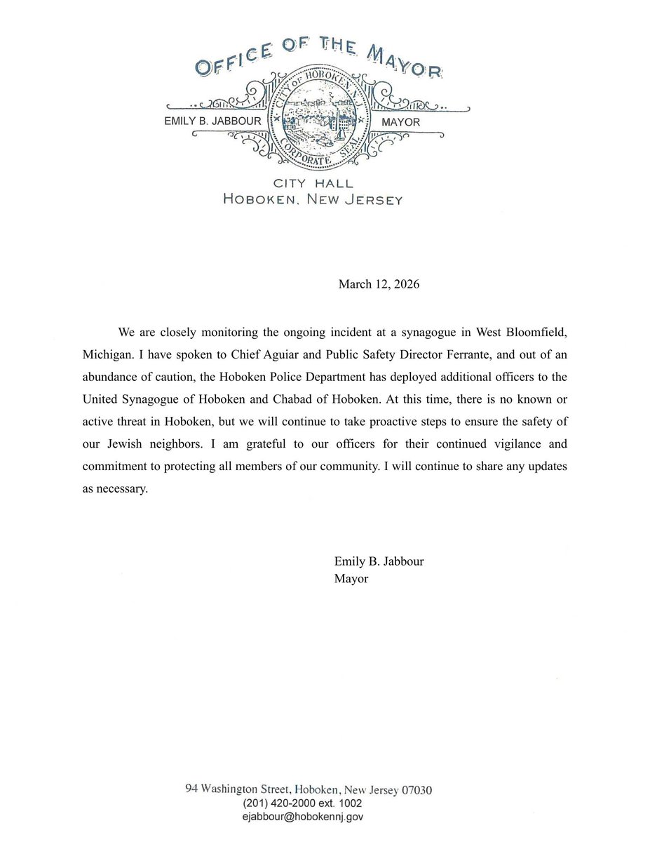 CityofHoboken's tweet image. UPDATE On Synagogue Attack In Michigan:

Out of an abundance of caution, the #Hoboken Police Department has deployed additional officers to the United Synagogue of Hoboken and Chabad of Hoboken.