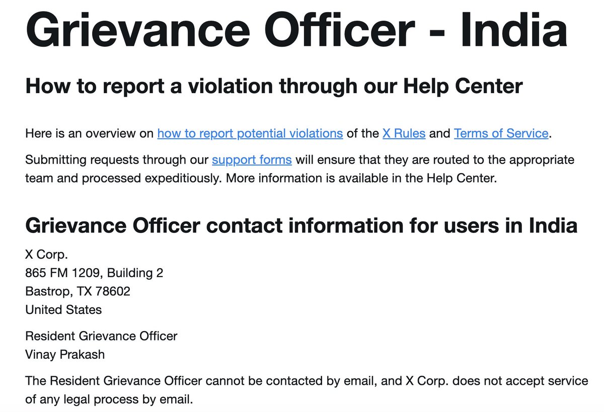 <a href="/info_maiden/">Info Battle Maiden</a> You just can't make this💩 up! The India Grievance Officer for X appears to be an H-1B cubicle dweller in Bastrop, Texas. I bet they think they've won or something. 
<a href="/DocRepatriator/">Repatriator</a> <a href="/GeppettoFred/">Geppetto</a> <a href="/Amiejokes2much/">Amiejokes2much❤️🤍💙</a>
<a href="/CyberGreen07/">CyberGreen07</a> <a href="/TakeActionTX/">Take Action Texas</a> <a href="/TRICHFUN/">T</a>