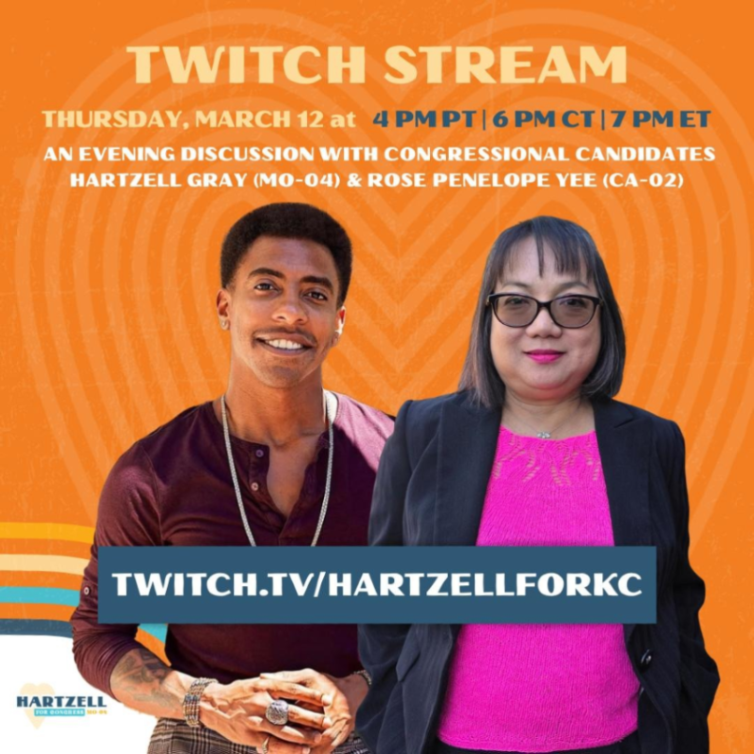 RosePenelopeYee's tweet photo. Going live today at 4 PM PT with Hartzell Gray for an evening conversation about the future of our communities and the fight ahead.

Join us on Twitch:
https://t.co/4QnTdTy5Dm

People-powered campaigns win when we show up together.

#PickRose #CA02 https://t.co/Bf9qIyCnyp
