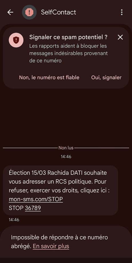 _SaxX_'s tweet photo. 🚨🔴 Des milliers de franciliens se plaignent ces dernières heures de recevoir des sms de candidats à Paris... 👇🏾

En privé, de nombreuses personnes m'ont partagé ses sms et leur inquiétude. 
Il s'agit d'une campagne légitime pour laquelle les candidats aux municipales comme à Paris : Sarah Knafo, Rachida Dati, Olivier Grégoire, ... ont recours. 

L'entreprise SelfContact procède à l'envoi de SMS ciblés. 

Selfcontact disait en 2024 travailler avec des entreprises partenaires qui collectent les données personnelles lors d'achat ou participation à des concours. 

Mais il faut que la personne donne son consentement et accepte de partager ses informations privées avec lesdits partenaires...

On peut aussi imaginer qu'avec les fuites de données multiples en France, ce matraquage soit passé à un autre niveau...

Une énième preuve que vos données personnelles valent de l'or et que des milliers de partenaires les exploitent avec ou sans votre consentement...

NOTA: Certaines personnes ne se souviennent pas de s'être inscrites sur des sites ou encore moins donné leur consentement numérique...

Que vivent les fuites de données... ou pas...