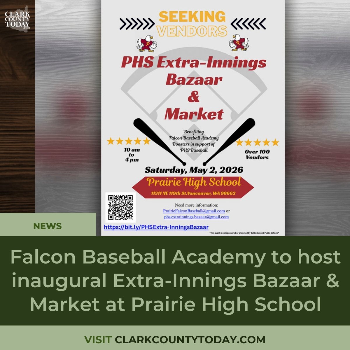 NewsFromCCT's tweet image. Local vendors, crafts and artisan goods will be featured at the inaugural Extra-Innings Bazaar &amp;amp; Market at Prairie High School on May 2, supporting the Prairie Falcons baseball program. clarkcountytoday.com/sports/falcon-… #PrairieHighSchool #ClarkCountyWA