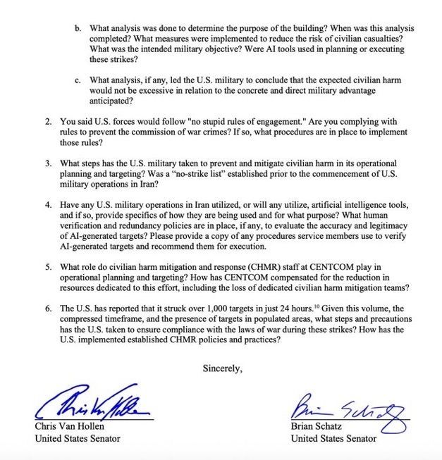 Every single Senate Democrat signed the letter to Defense Secretary Hegseth demanding answers on the strike that killed 168 people at a girls’ school in Minab, Iran.

Every single one — except John Fetterman.

The letter is devastating. It cites 1,245 civilians killed and over