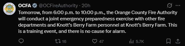 incidnt_tracker's tweet image. #BUENAPARK #ORANGECOUNTY
Per an @OCFA post there will be training tonight at Knotts Berry Farm. This is preplanned and there is no actual emergency this will be happening after closing at 6pm and go until 10pm, other agencies will also be participating as well.