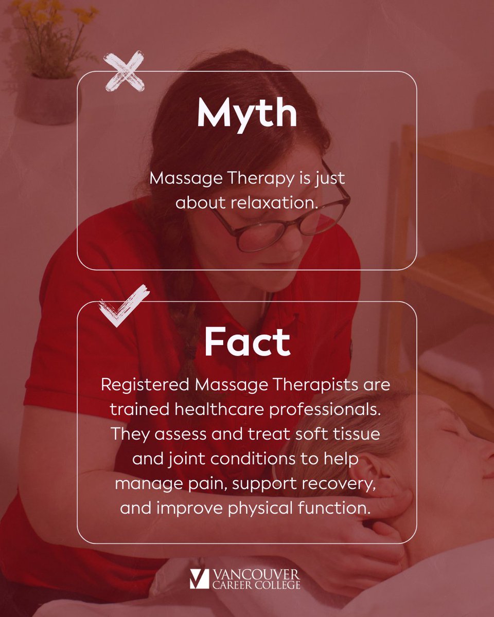 VCareerCollege's tweet image. There are a lot of misconceptions about massage therapy.👇

Registered Massage Therapists play an important role in helping people manage pain, recover from injuries, and improve mobility.

Thinking about a career in massage therapy? Learn more: bit.ly/4bh92m1
 
#VaCC
