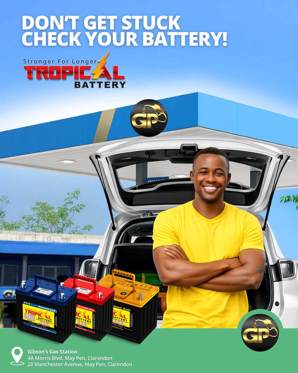 gibsonpetrolja's tweet image. Don’t get stuck — check your battery!
Stay powered on the road with Tropical Batteries, built stronger for longer performance. Whether you're heading to work or hitting the highway, make sure your vehicle is ready to go.
 #BatteryShop #TropicalBattery #MayPen #Clarendon