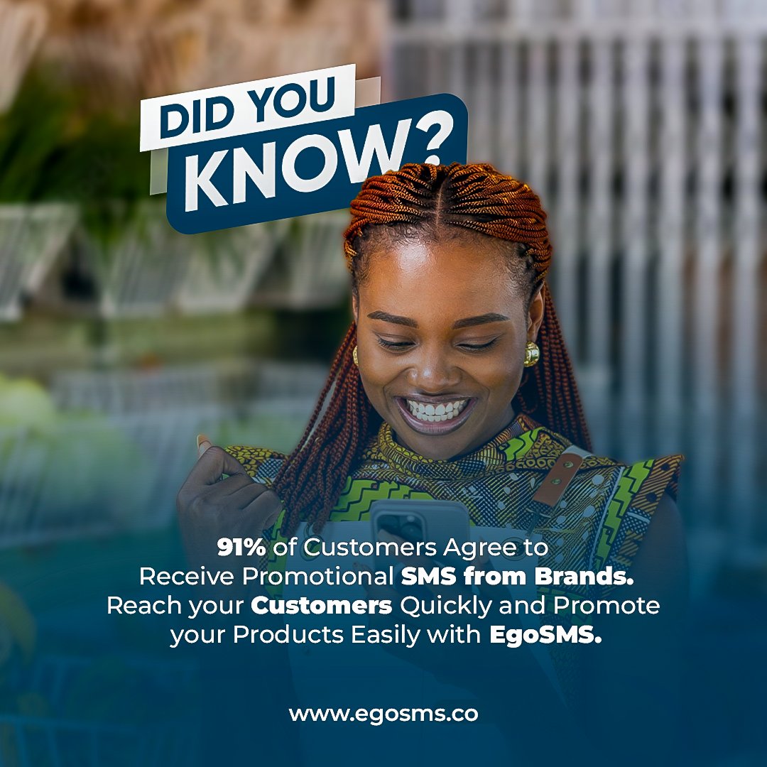 Egosms's tweet image. With 91% of customers open to receiving promotional SMS, reach them quickly and promote your products easily with EgoSms

Sign up now at comms.egosms.co

#egosms #Bulksms