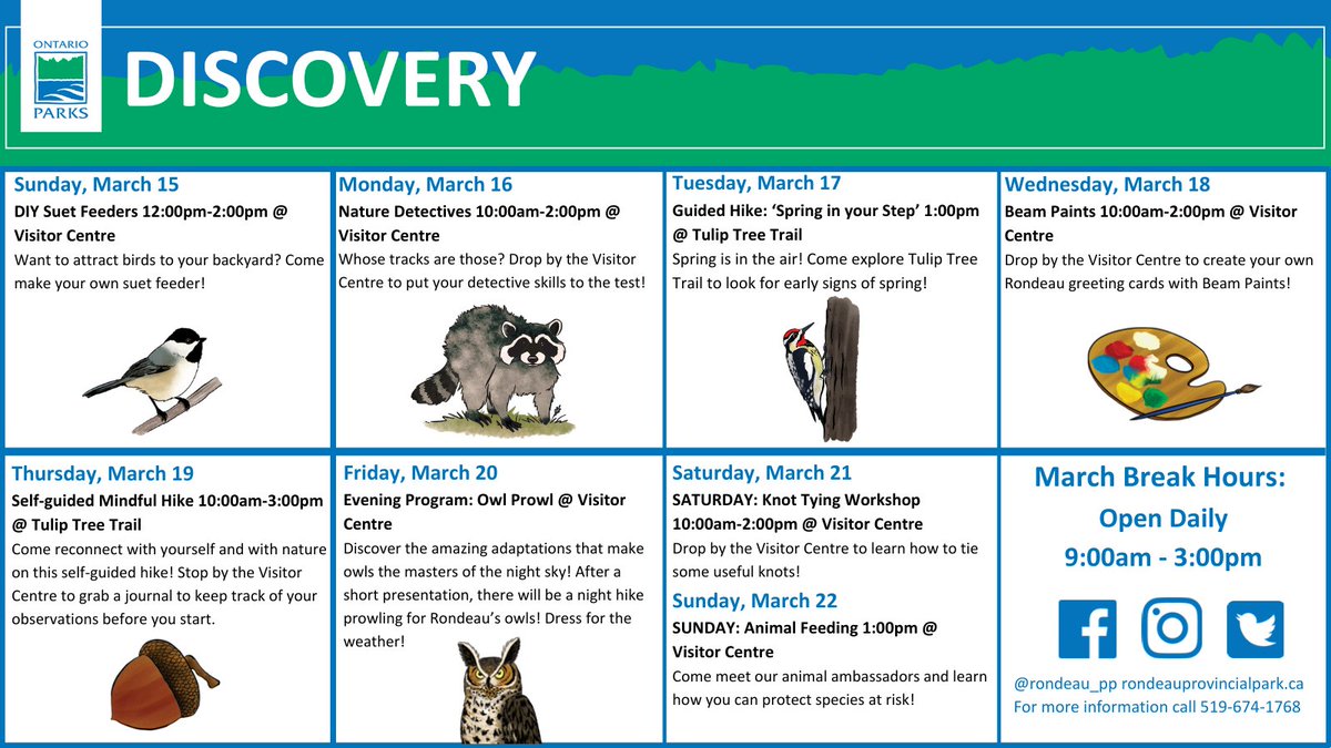 Rondeau_PP's tweet photo. Looking for something to do over the March Break? π¦ π¦ πΏοΈ
We have lots going on at the Visitor Centre! We hope to see you here!
#VisitCk https://t.co/8iTp4mz0EK