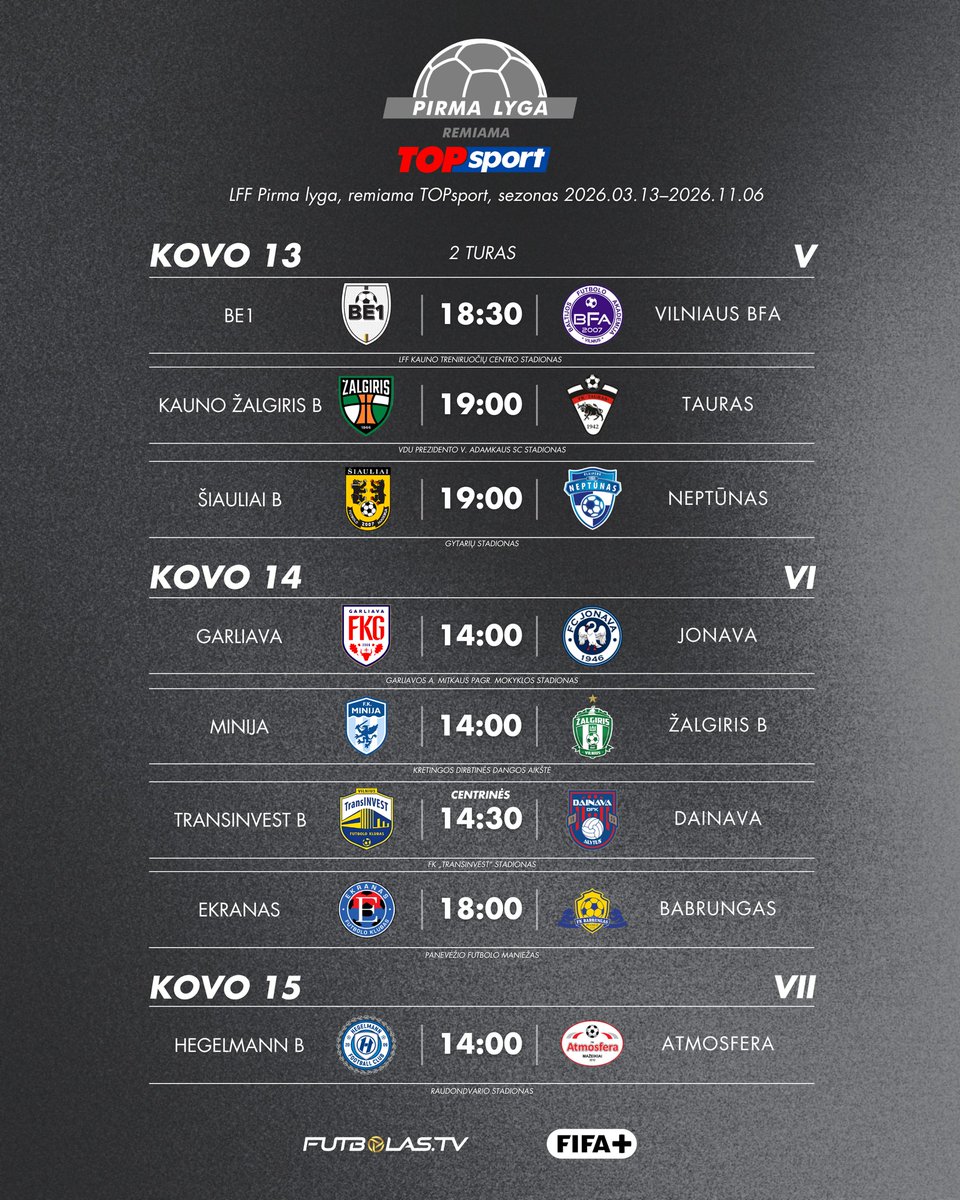 LituanieFootFR's tweet photo. La #PirmaLyga reprend demain avec le derby des académies entre #Be1 et #BFA à 17h30 !
Le relégué #Dainava commencera la saison à Galine face à #TransINVEST B et le promu #Garliava jouera contre #Jonava https://t.co/wWpAYevzLG