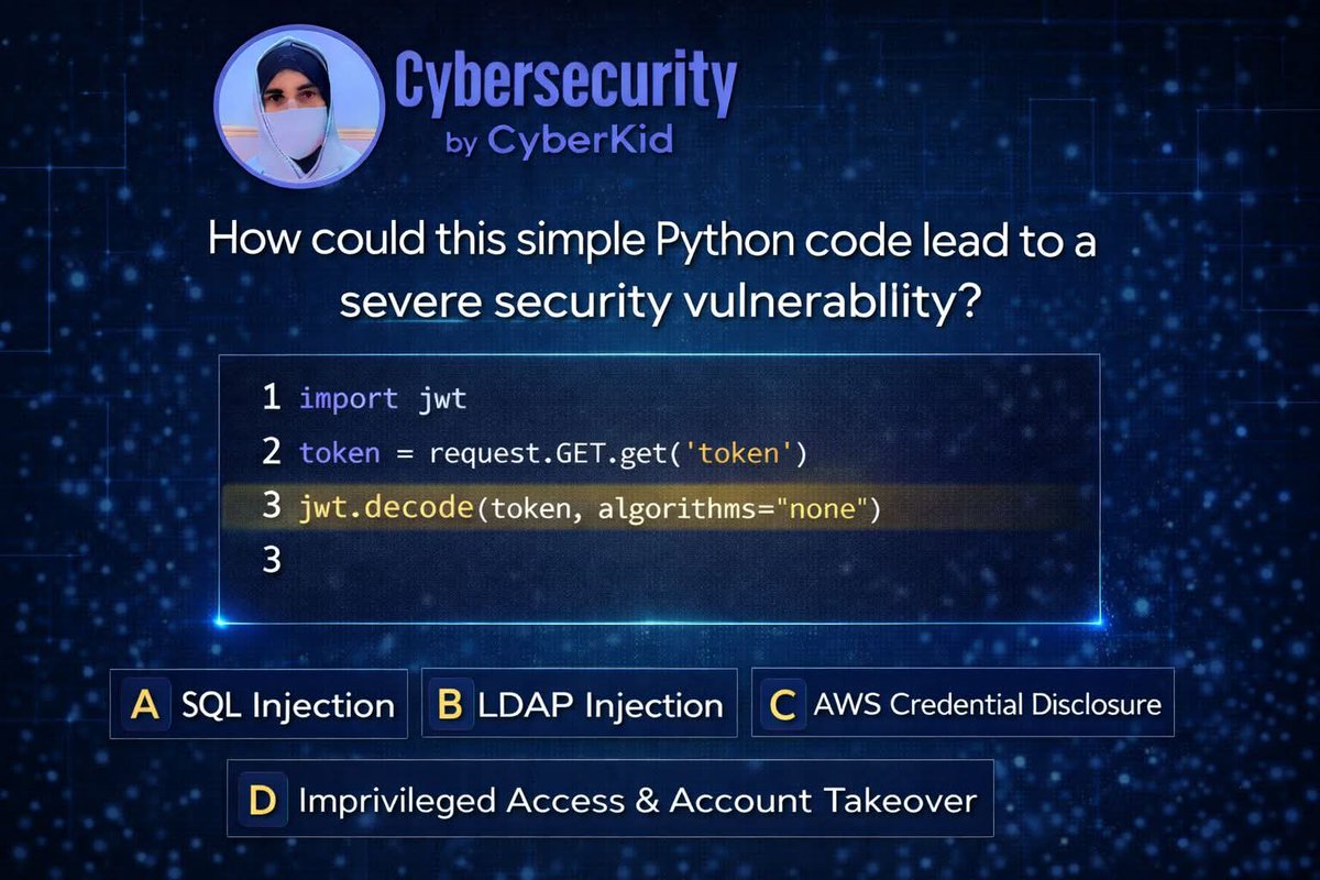 Anastasis_King's tweet photo. 🔎 Cybersecurity Challenge #7 – Spot the Vulnerability

💬 Comment your answer and explain why this code is dangerous!

#cybersecurity #infosec #ethicalhacking #JWT #websecurity #bugbounty #securecoding #CyberKid #securitychallenge https://t.co/r94tssfWOp
