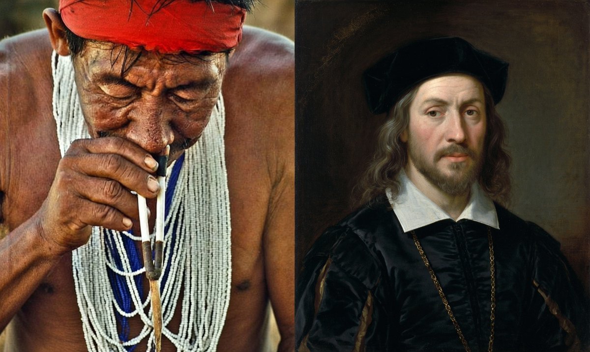 Columbus snorted 5-MeO DMT, thinking it was tobacco.

In 1492, he stumbled upon a Caribbean tribe blowing powder up each other's noses with hollow bird bones.

Fascinated, he decides to try it.

Burns like hell. Vomiting happens. 𝗖𝗼𝗺𝗽𝗹𝗲𝘁𝗲 𝗲𝗴𝗼 𝗱𝗲𝗮𝘁𝗵 𝗶𝗻 𝟱