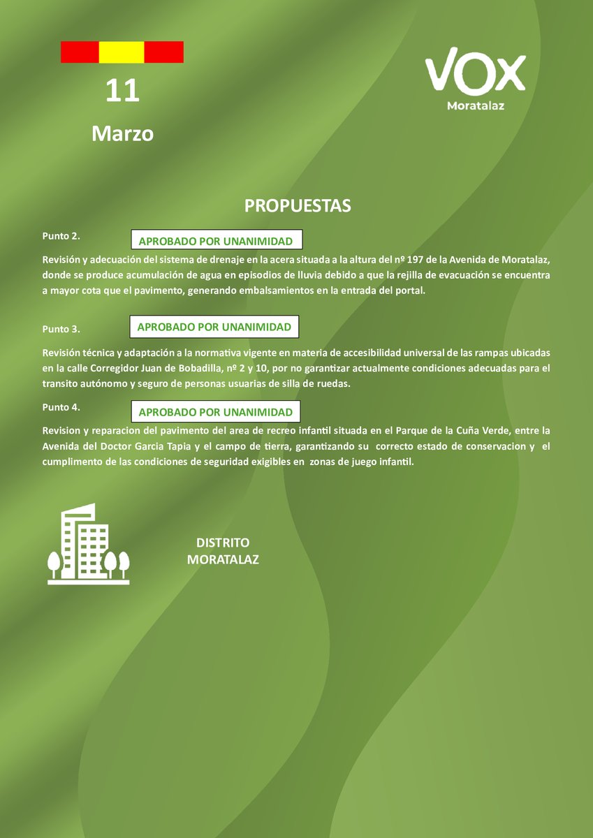 vox_moratalaz's tweet photo. El pasado miércoles 11 de Marzo de 2026
se celebró, en la Junta Municipal del Distrito de Moratalaz, sesión ordinaria, con las siguientes proposiciones y preguntas formuladas por nuestro grupo municipal. https://t.co/U8qjSgPWqr