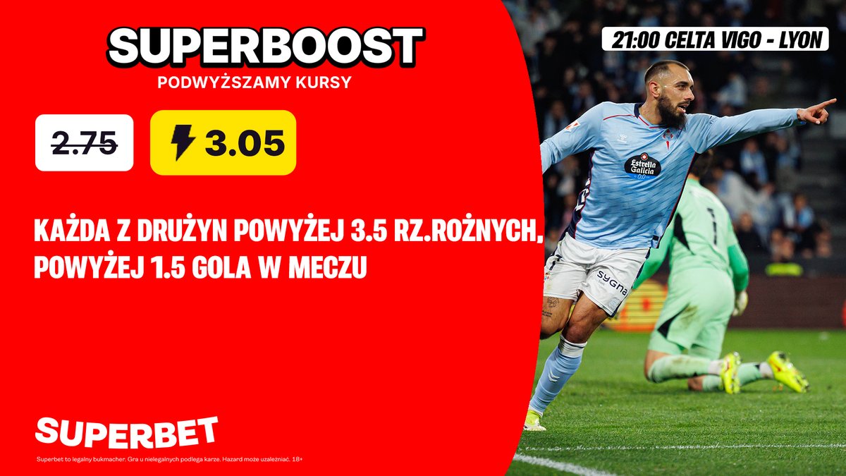 SuperbetPL's tweet image. #SuperBoost na mecz Celty Vigo z Olympique Lyon w #UEL 👇

Oferta 👉 sprbt.pl/Celta_Lyon