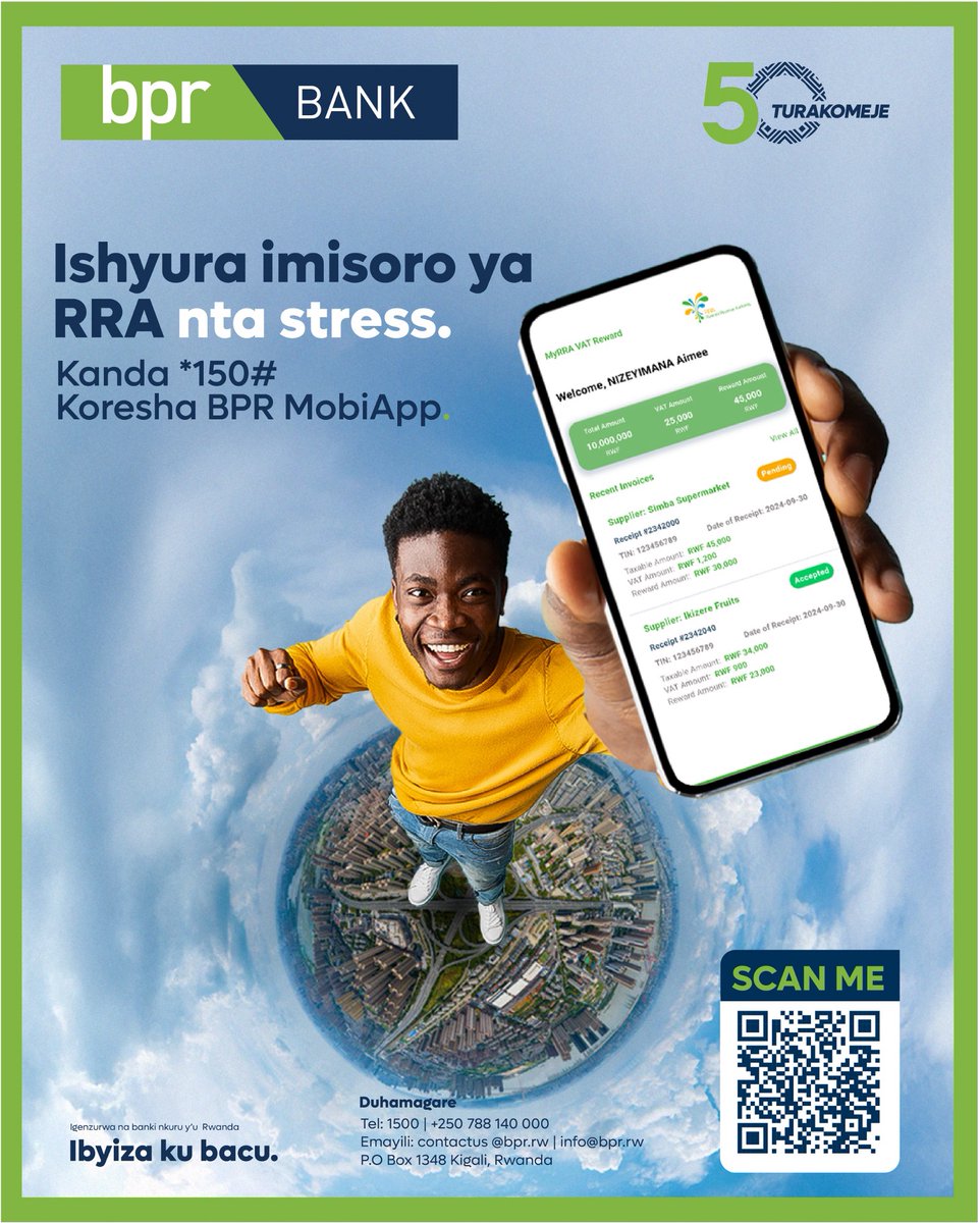 BPRbankrw's tweet photo. Ntucikanwe no kwishyurira umusoro igihe!
Bikore byoroshye ukanze *150# cyangwa ukoresheje #BPRMobiApp!
#IbyizaKuBacu
#50Turakomeje https://t.co/WaD2atbNeL