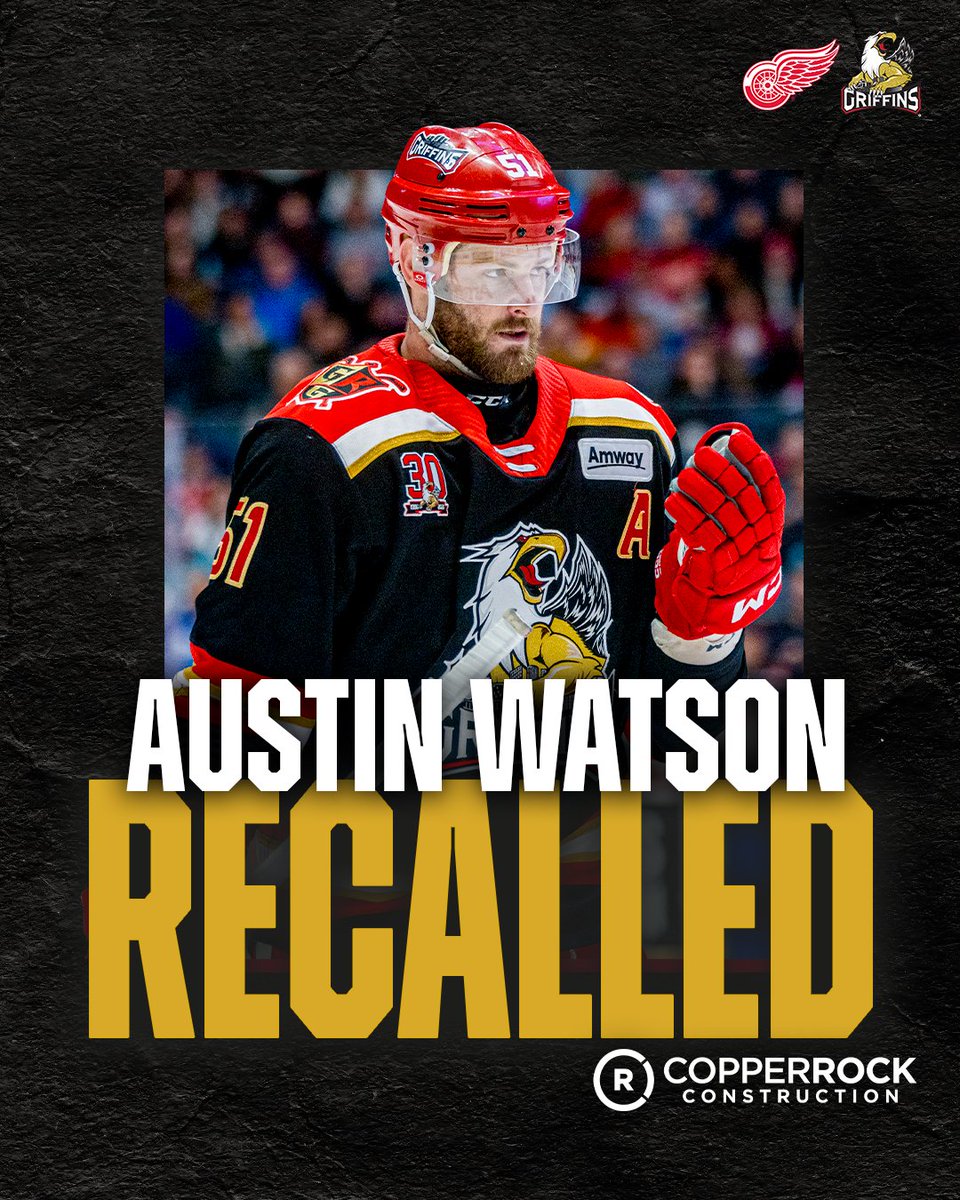 griffinshockey's tweet photo. . @CopperRockGR Building Strong Update: The Detroit Red Wings recalled forward Austin Watson from the Griffins under emergency conditions #GoGRG

DETAILS | 🔗 https://t.co/ts4lDzOkpH https://t.co/zMccKwWPZQ