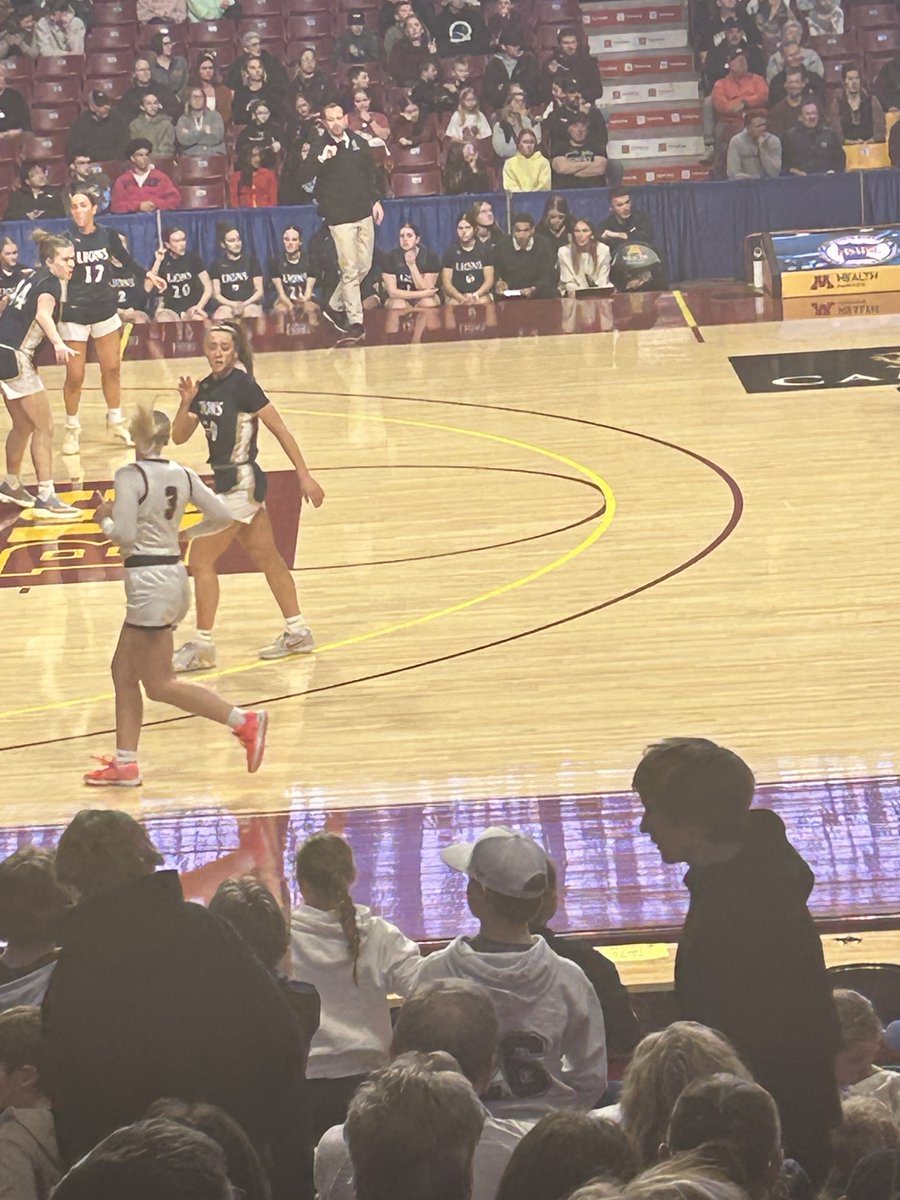 Laurabatt4's tweet photo. Ok not the best photo but here”s Coach Batt finally getting a seat at the MN State Girls Basketball Tournament! Doing what she loves🩷 https://t.co/IQZaADdx8o