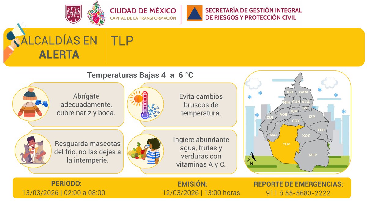 SGIRPC_CDMX's tweet photo. ⚠️ Se activa #AlertaAmarilla por pronóstico de temperaturas bajas para la madrugada y mañana del viernes 13/03/2026, en la demarcación: @TlalpanAl.

Mantente informado.

#PronósticoDelTiempo #LaPrevenciónEsNuestraFuerza https://t.co/nNOv9yuvNe