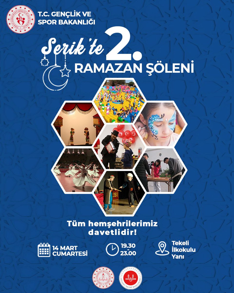 Serik’te #Ramazan Şöleni - 2
Gençlik ve Spor Bakanlığımız himayelerinde Antalya Gençlik ve Spor İl Müdürlüğümüz tarafından yapılacak kültür,sanat ve spor etkinliklerine herkesi bekliyoruz.

📅 14 Mart Cumartesi 
🕖 19.30 –23.00
📍 Tekeli Otoparkı

<a href="/kemalcelik007/">Kemal ÇELİK</a>
<a href="/drcemalsahin/">Cemal SAHIN</a>