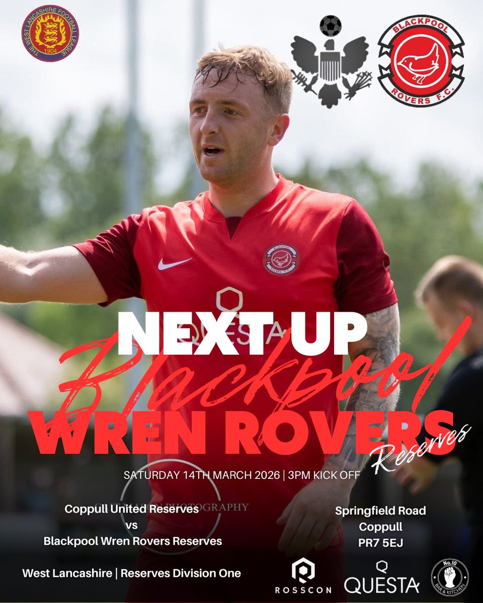 🔴| 𝗡𝗘𝗫𝗧 𝗨𝗣 | 𝗖𝗢𝗣𝗣𝗨𝗟𝗟 𝗨𝗧𝗗 𝗥𝗘𝗦 (𝗔)

The Reserves also take on <a href="/Coppull_United/">Coppull United FC</a> Reserves away from home to complete a double header on the day.

#𝚞𝚙𝚝𝚑𝚎𝚠𝚛𝚎𝚗𝚜 | 🐦‍⬛