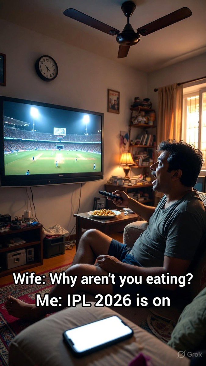 joshi_akkshay's tweet photo. IPL 2026 on.  
Wife: 'Dinner?'  
Me: *ignores, screams at TV*  
Phone: silent  
Kids: invisible  
Volume: max  
Analysis: expert level  

Desi husband Olympics in progress 😂  
Tag your cricket zombie! #IPL2026 https://t.co/11oC1JwAgb