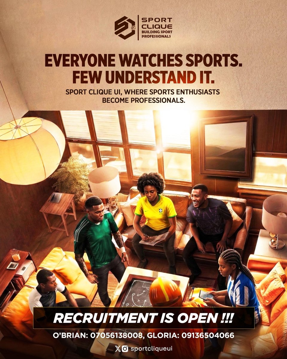 SportCliqueUI's tweet photo. *RECRUITMENT IS OPEN — Sport Clique UI 🚨*

The ones who eat, sleep and breathe sports, this is your moment.

Sport Clique UI is building a squad of real fans

*Be part of building the game.😊🤭*
https://t.co/18ElPt5157

For enquiries:
*O'Brian: 07056138008*
*Gloria: 09136504066 https://t.co/EfWent296V