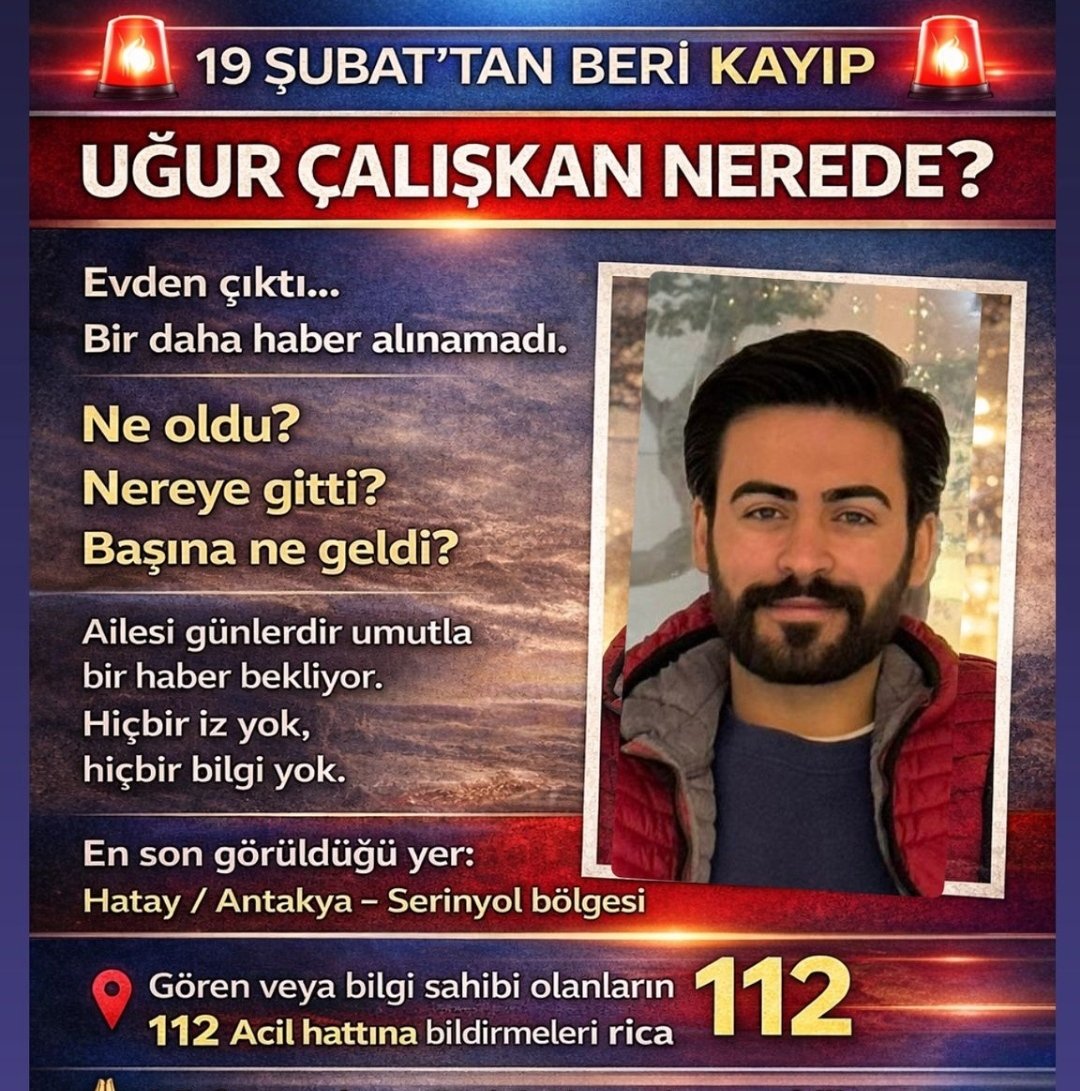 cvt_calskan65's tweet photo. @Vanliamcan #UğurÇalışkanHatay ' da kayboldu 19 şubattan bu yana her hangi bir sonuca ulaşamadık lütfen destek verin sesimizi duyuralım ❗❗ 

@AFADBaskanlik @tcbestepe @TC_icisleri @adalet_bakanlik  @YildizzTilbee @haluklevent @gulbenergen https://t.co/cUhPUENPyl